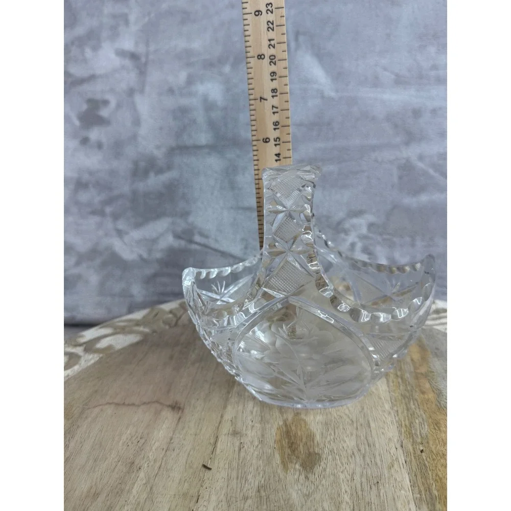 Vintage Cut Crystal Basket Frosted Rose Etched Clear Glass Floral Decor‎ 5.5in